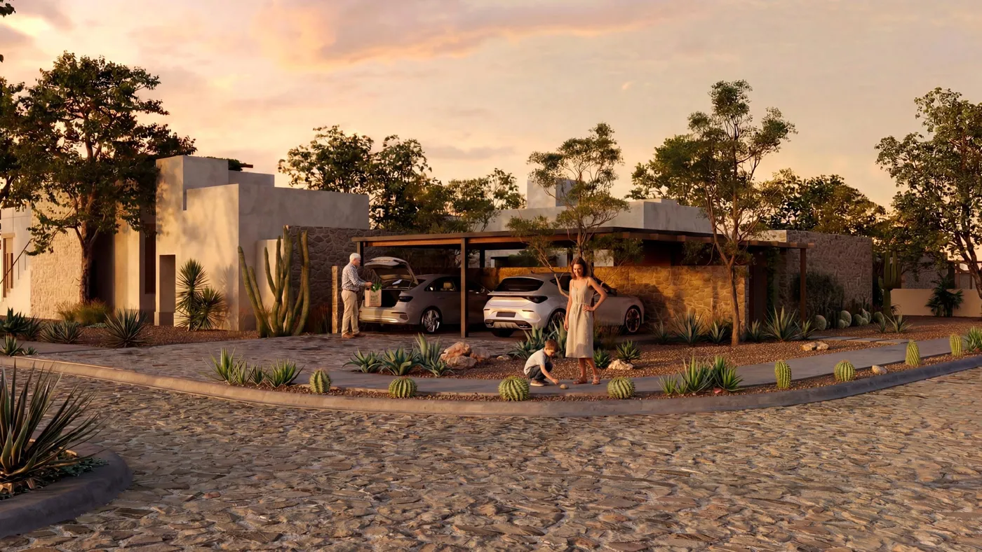 Casa Oasis en una calle al atardecer, Sierto, General Cepeda, Coahuila